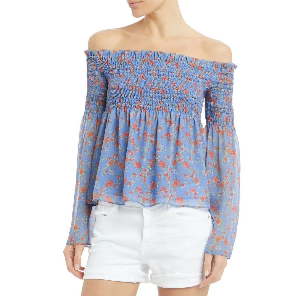 Intermix Womens Kira Floral Smocked Top Size M Blue Blouse Long Sleeve 100% Silk